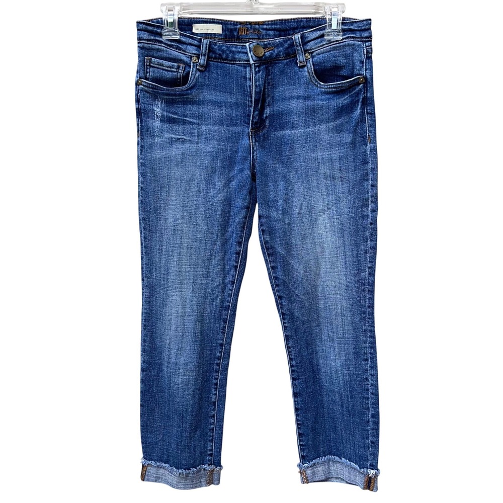 KUT from the Kloth Amy Crop Straight Leg Jeans Blue Medium Wash Frayed Hem